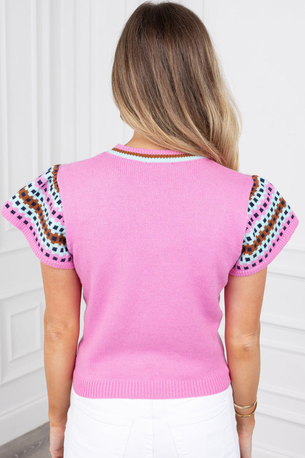 Bright Pink Colorblock Printed Crewneck Short Sleeve Sweater Sweaters & Cardigans JT's Designer Fashion