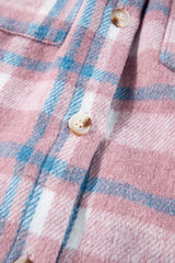 Pink Plaid Print Color Block Collared Flap Pockets Loose Shacket Plaid Shackets JT's Designer Fashion