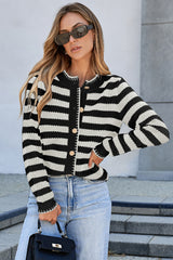 White Stripe Chic Golden Button Cardigan Sweater White Stripe 42%Acrylic+30%Polyester+28%Polyamide Cardigans JT's Designer Fashion