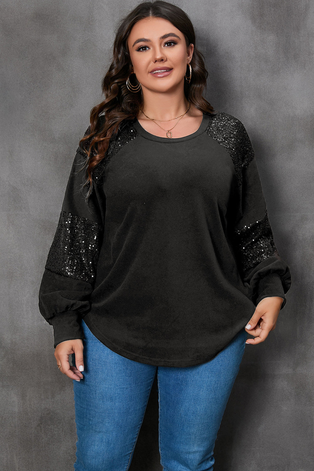 Black Plus Size Sequin Patchwork Top Black Knit Plus Size JT's Designer Fashion