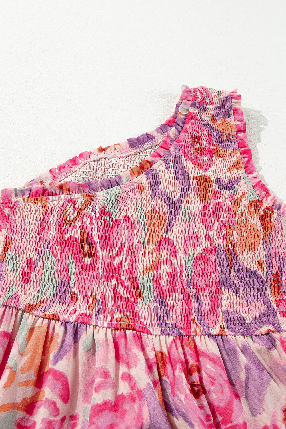 Pink Abstract Floral Print Shirred One Shoulder Maxi Dress Floral Dresses JT's Designer Fashion