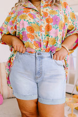 Beau Blue Folded Edge High Waist Plus Size Denim Shorts Beau Blue 72%Cotton+26%Polyester+2%Elastane Plus Size Bottoms JT's Designer Fashion