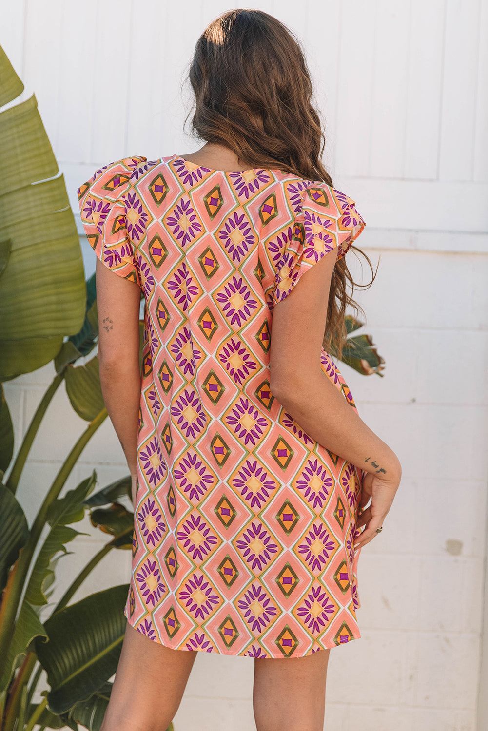 Orange Geometric Floral V Neck Buttoned Ruffled Sleeve Mini Dress Mini Dresses JT's Designer Fashion