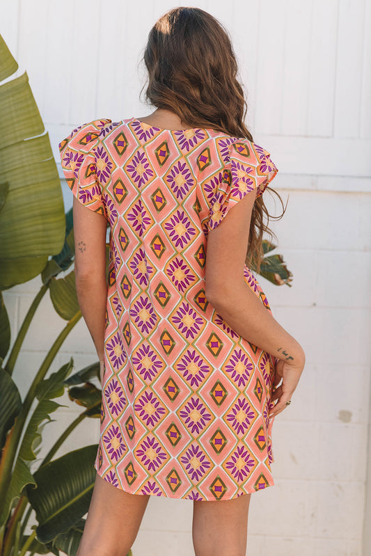 Orange Geometric Floral V Neck Buttoned Ruffled Sleeve Mini Dress Mini Dresses JT's Designer Fashion