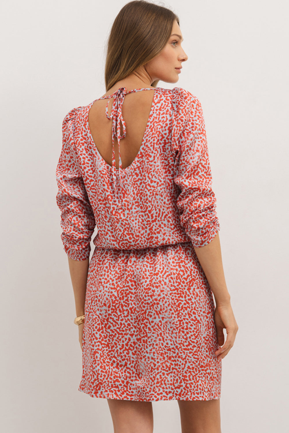 Tomato Red Leopard Print Long Sleeve Hollowed Back Split Mini Dress Mini Dresses JT's Designer Fashion