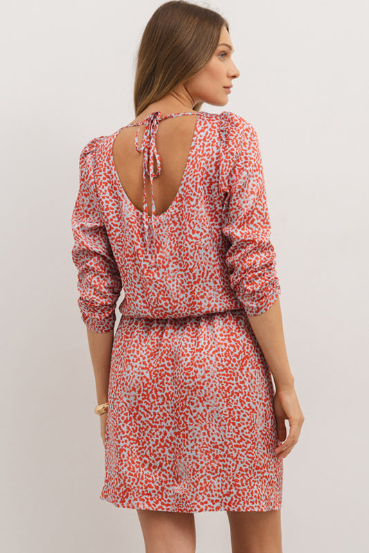 Tomato Red Leopard Print Long Sleeve Hollowed Back Split Mini Dress Mini Dresses JT's Designer Fashion