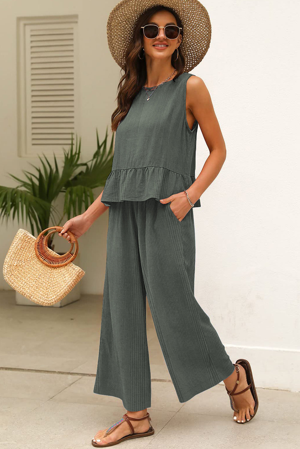 Duffel Green Solid Color Ribbed Ruffle Tank Top and Pants Set Pant Sets JT's Designer Fashion