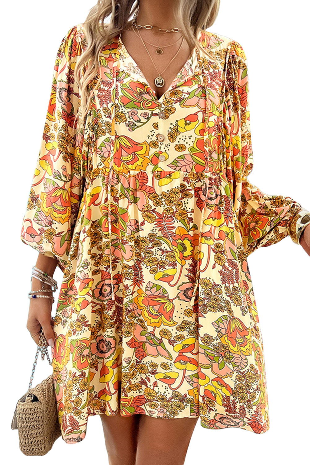 Yellow Cream Floral Print V Neck Puff Sleeve Mini Dress Floral Dresses JT's Designer Fashion