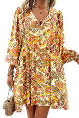 Yellow Cream Floral Print V Neck Puff Sleeve Mini Dress Floral Dresses JT's Designer Fashion