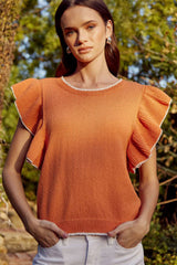 Russet Orange Contrast Trim Ruffle Sleeve Knitted Top Sweaters & Cardigans JT's Designer Fashion