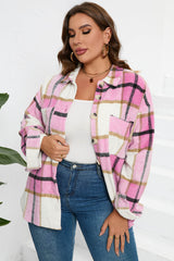 Pink Plaid Color Block Buttoned Long Sleeve Jacket with Pocket Plaid Shackets JT's Designer Fashion