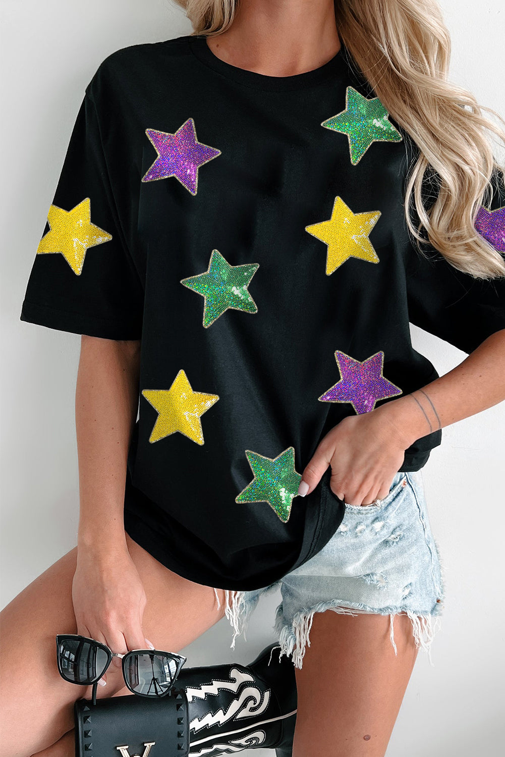 Black Colorful Sequin Stars Patched Relaxed T Shirt Graphic Tees JT's Designer Fashion
