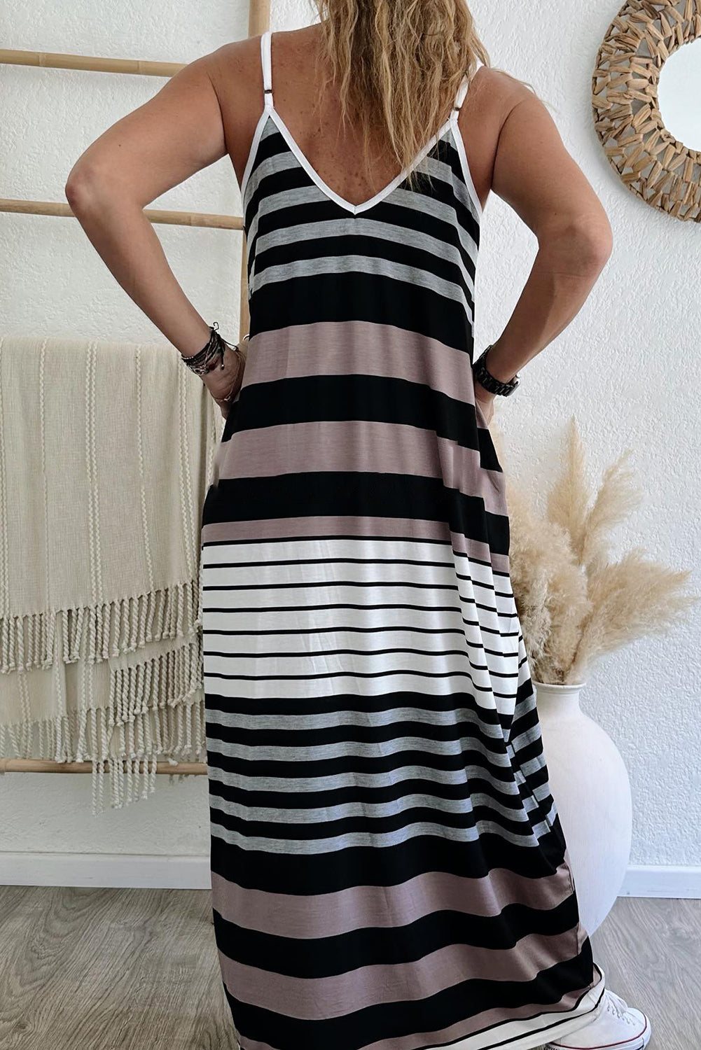 Multicolour Mixed Stripes Spaghetti Straps V Neck Maxi Dress Dresses JT's Designer Fashion