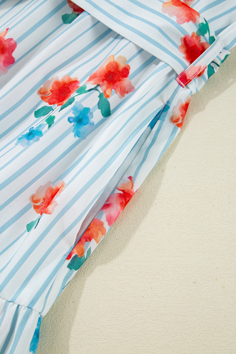 Sky Blue Stripe Floral Pattern Ruffle Short Sleeve Belted Mini Dress Dresses JT's Designer Fashion