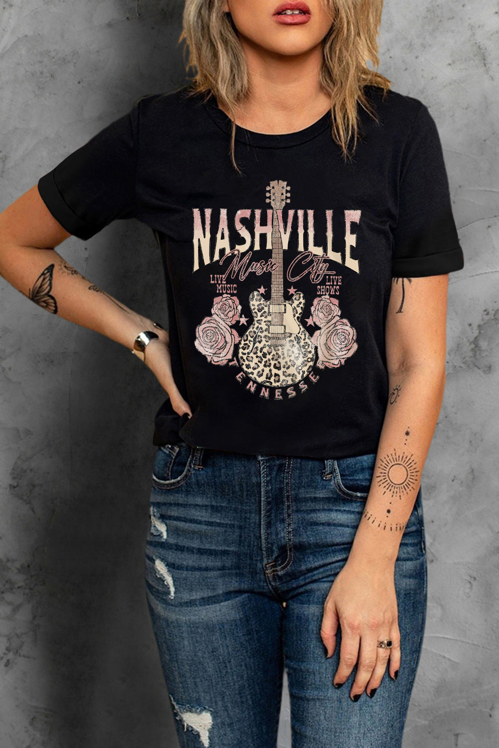 Black Nashville Music City Leopard Guitar Graphic T Shirt Graphic Tees JT's Designer Fashion