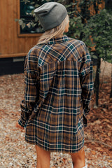 Brown Plaid Print Chest Pockets Buttoned Shirt Jacket Plaid Shackets JT's Designer Fashion