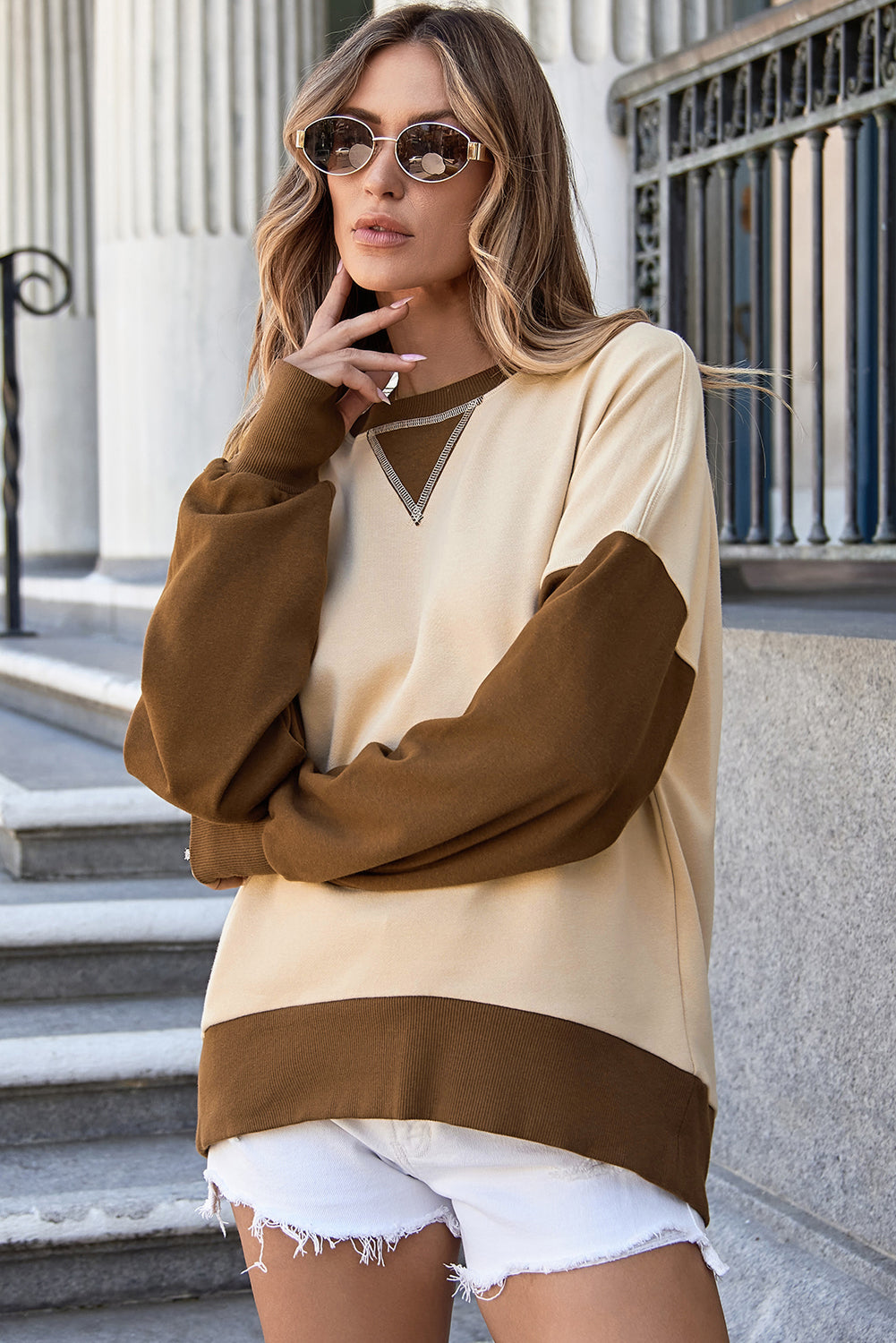 Apricot Color Block Thumbhole Sleeve Drop Shoulder Sweatshirt Sweatshirts & Hoodies JT's Designer Fashion