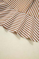 Brown Stripe Ruffled Hem Collared Long Sleeve Shirt Mini Dress Mini Dresses JT's Designer Fashion