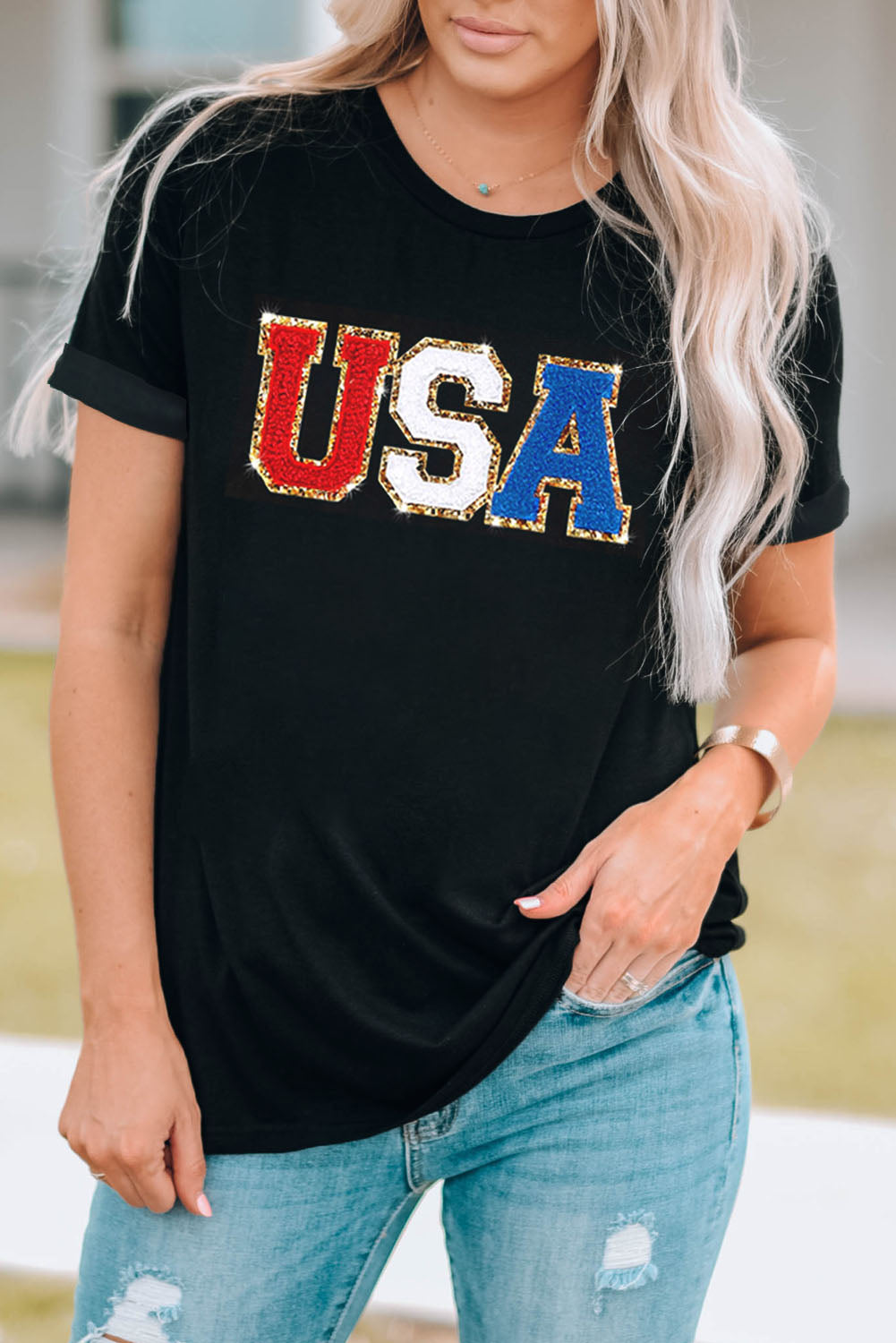 Black Glitter Trim Chenille USA Graphic T Shirt Graphic Tees JT's Designer Fashion