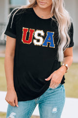 Black Glitter Trim Chenille USA Graphic T Shirt Graphic Tees JT's Designer Fashion
