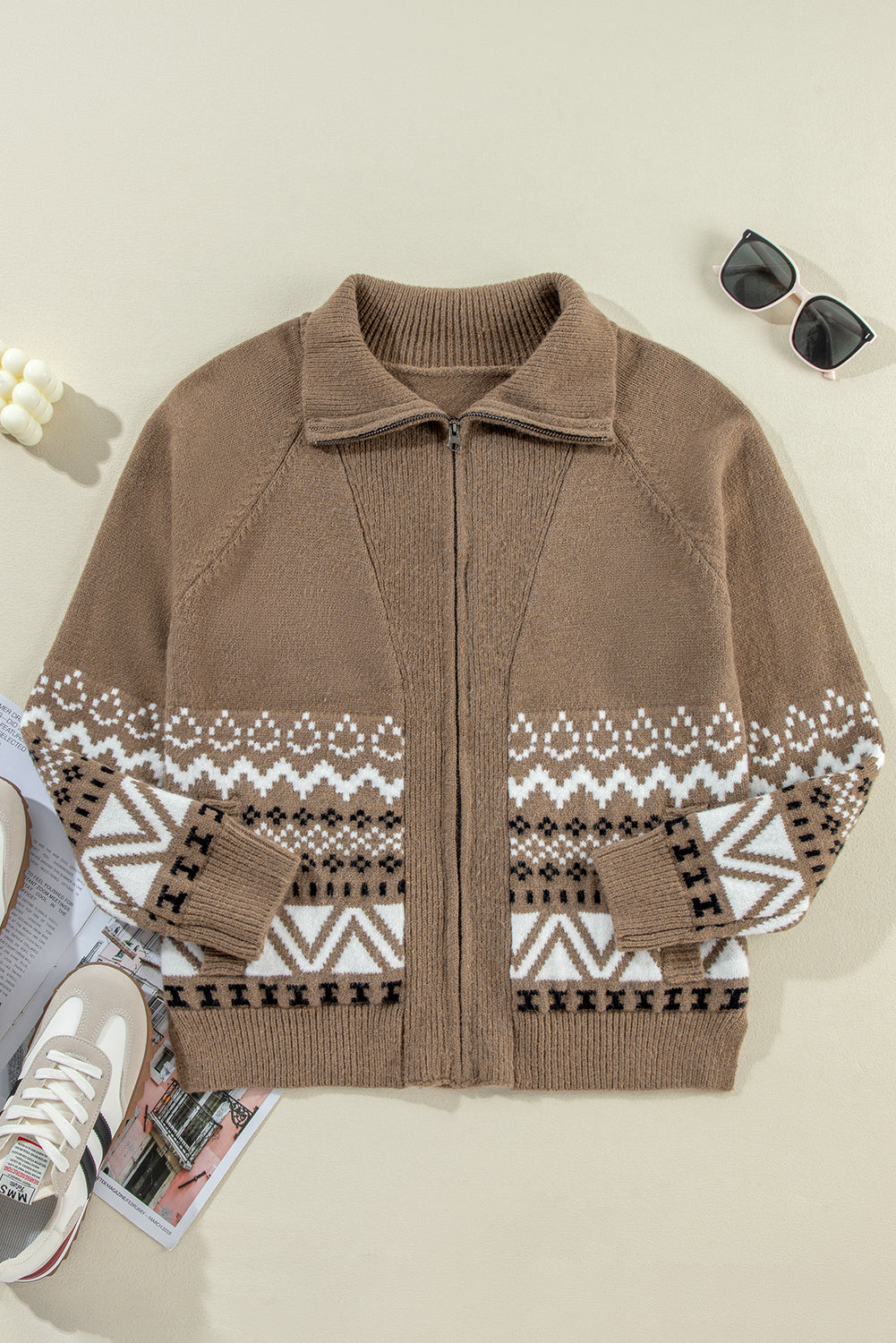 Brown Western Printed Ribbed Trim Collared Zip up Cardigan Cardigans JT's Designer Fashion