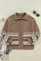 Brown Western Printed Ribbed Trim Collared Zip up Cardigan Cardigans JT's Designer Fashion
