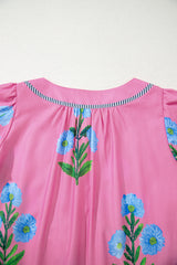 Rose Floral Short Sleeve Split Neck Loose Mini Dress Floral Dresses JT's Designer Fashion