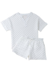 White Textured Split Neck Top and Drawstring Shorts Set Short Sets JT's Designer Fashion