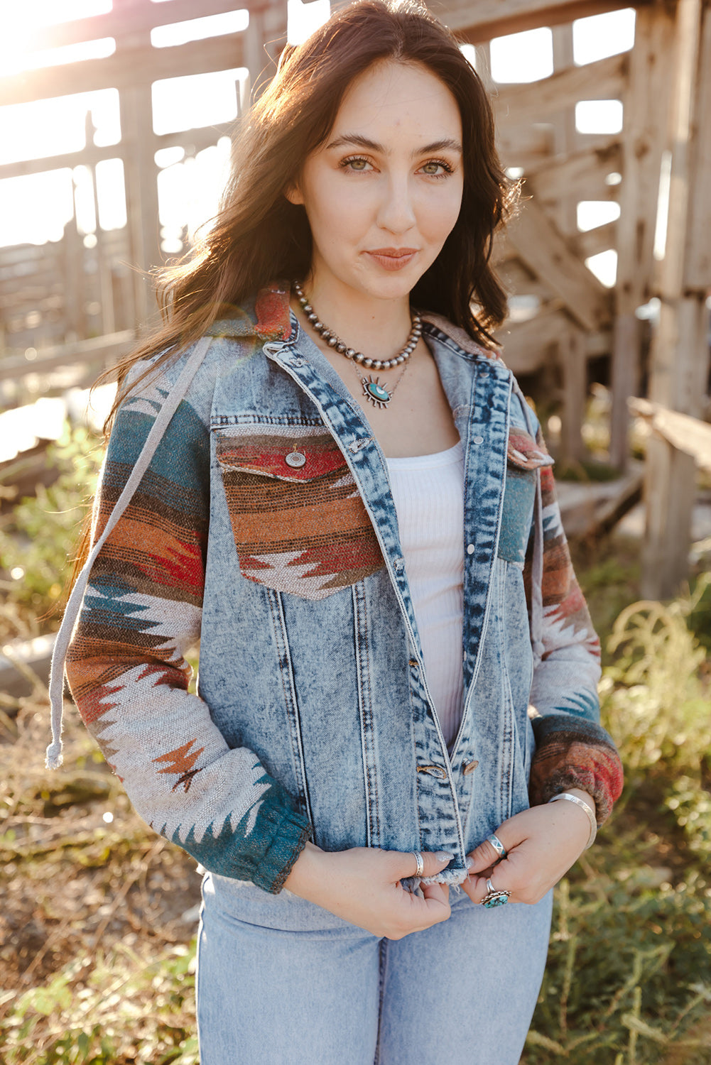 Multicolor Aztec Print Frayed Hem Denim Jacket Denim Jackets JT's Designer Fashion