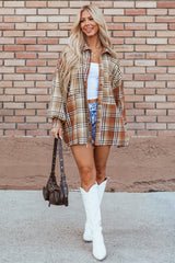 Khaki Plaid Colorblock Patchwork High Low Shacket Plaid Shackets JT's Designer Fashion