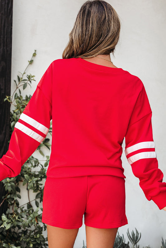 Fiery Red Varsity Striped Sleeve Drop Shoulder Sweatshirt and Short Set Short Sets JT's Designer Fashion
