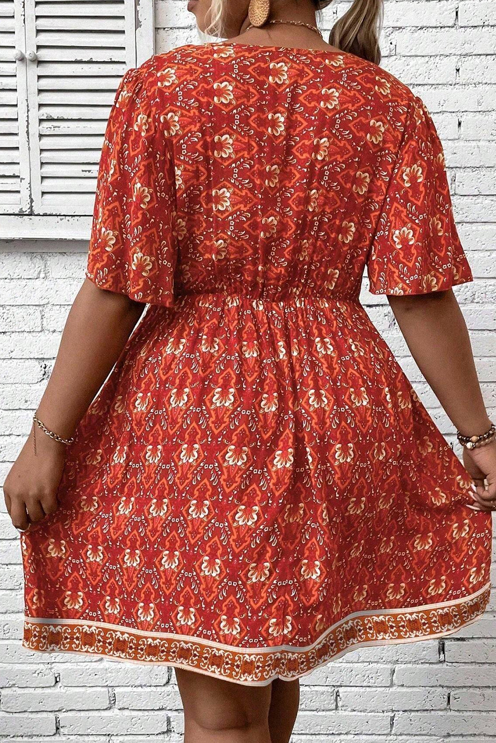 Orange Plus Size Printed Surplice Neck Empire Waist Flowy Mini Dress Plus Size Mini Dresses JT's Designer Fashion