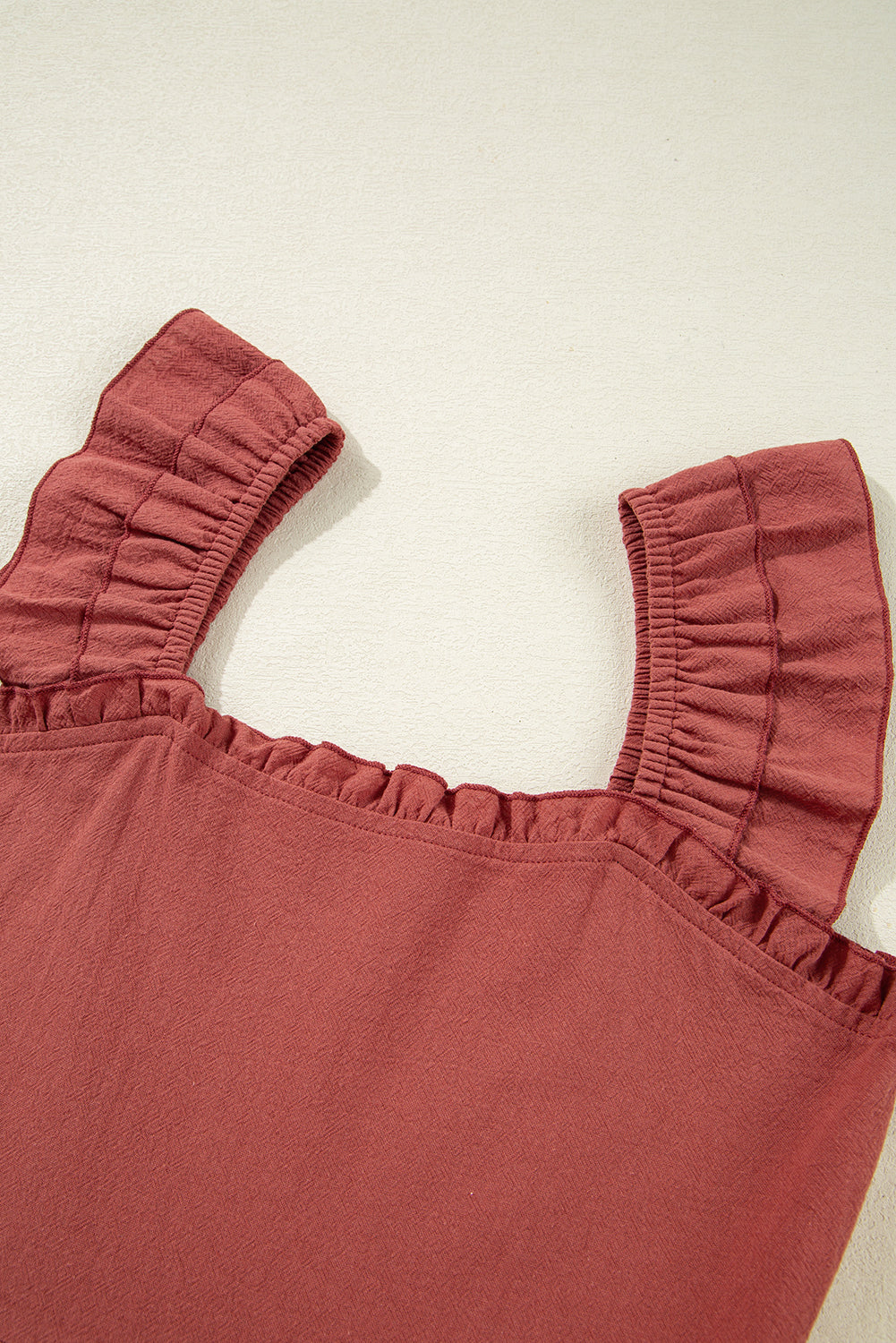 Red Sandalwood Geometric Stitch Shirred Bodice Ruffled Trim Sleeveless Mini Dress Dresses JT's Designer Fashion