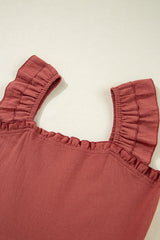 Red Sandalwood Geometric Stitch Shirred Bodice Ruffled Trim Sleeveless Mini Dress Dresses JT's Designer Fashion
