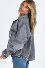 Gray Chest Pockets Drop Shoulder Loose Denim Jacket Denim Jackets JT's Designer Fashion