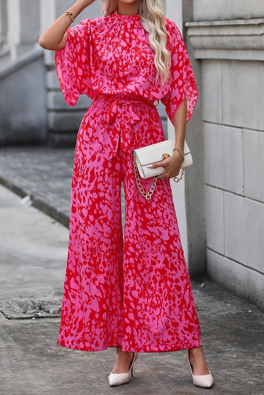 Rose Leopard Loose Sleeve Belted Wide Leg Jumpsuit Bottoms JT's Designer Fashion