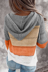 Gray Zipped Front Colorblock Hollow-out Knit Hoodie Sweatshirts & Hoodies JT's Designer Fashion