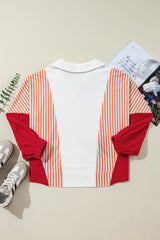 White Striped Color Block Collared V Neck Oversized Sweatshirt Sweatshirts & Hoodies JT's Designer Fashion