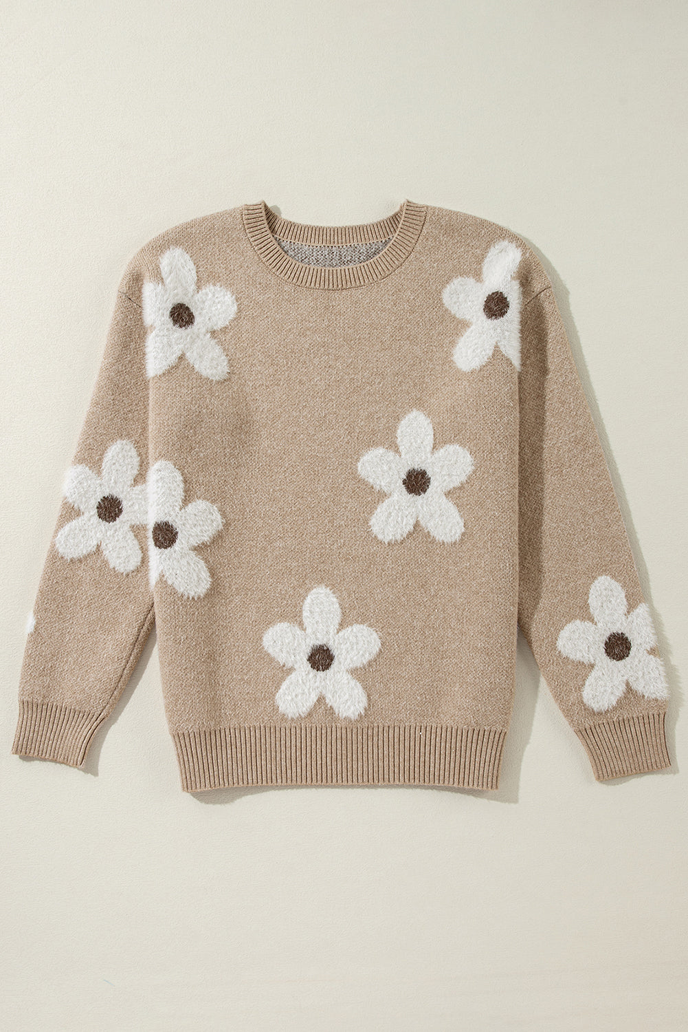 Parchment Flower Pattern Ribbed Trim Crew Neck Sweater Sweaters JT's Designer Fashion