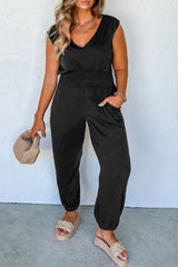 Black Plus Smocked High Waist Sleeveless V Neck Jumpsuit Plus Size Bottoms JT's Designer Fashion