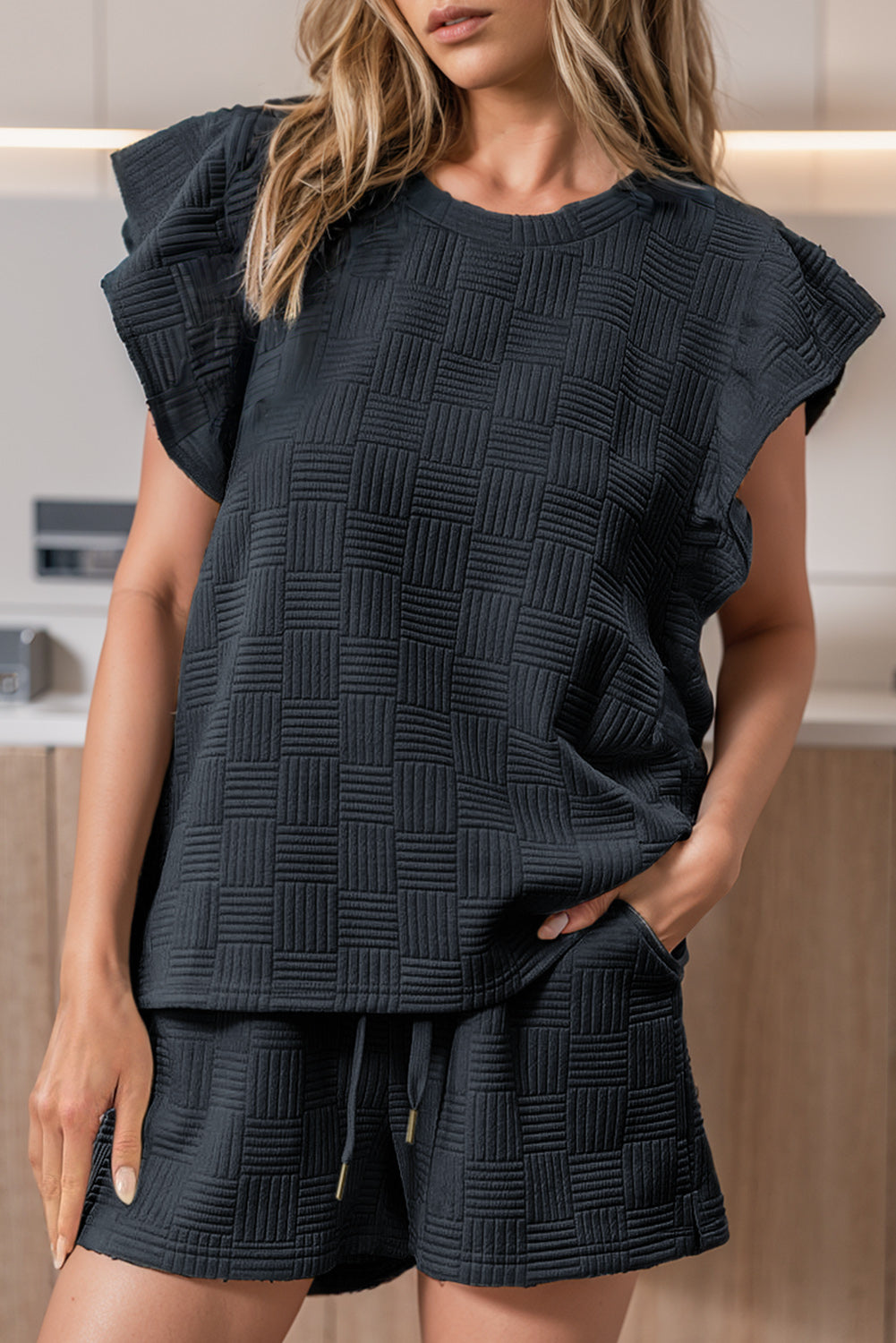 Black Textured Ruffled Sleeve Tee and Drawstring Shorts Set Bottoms JT's Designer Fashion