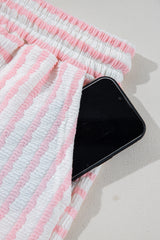 Pink Stripe Knitted Short Sleeve Top and Drawstring Shorts Set Short Sets JT's Designer Fashion