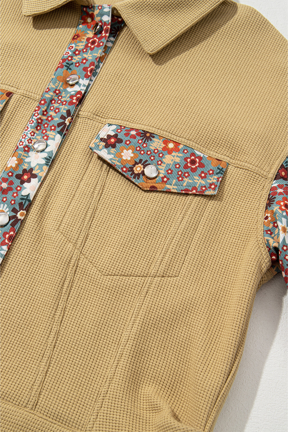 Khaki Waffle Knit Floral Print Patchwork Button up Jacket Jackets JT's Designer Fashion