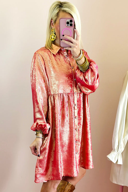Peach Blossom Metallic Sheen Puff Sleeve Button Up Mini Shirt Dress Mini Dresses JT's Designer Fashion