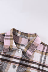 Pink Geometric Plaid Print Pocketed Shacket Plaid Shackets JT's Designer Fashion