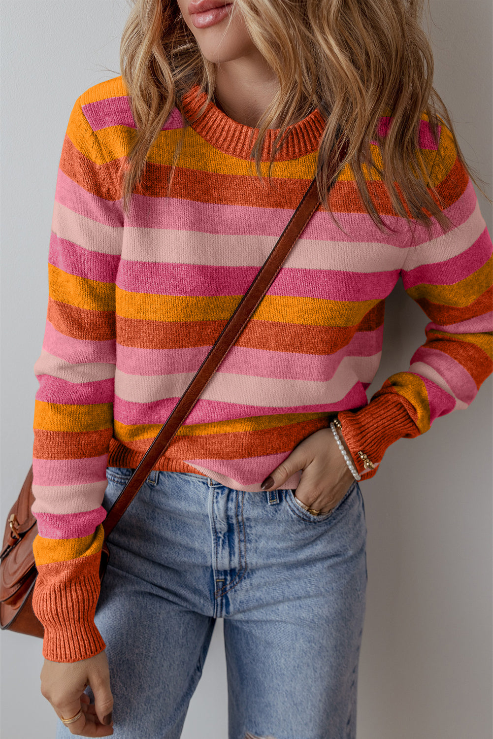 Orange Color Block Ribbed Edge Round Neck Sweater Orange 42%Polyester+28%PBT+20%Acrylic+10%Polyamide Sweaters JT's Designer Fashion