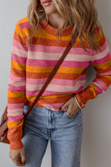 Orange Color Block Ribbed Edge Round Neck Sweater Orange 42%Polyester+28%PBT+20%Acrylic+10%Polyamide Sweaters JT's Designer Fashion