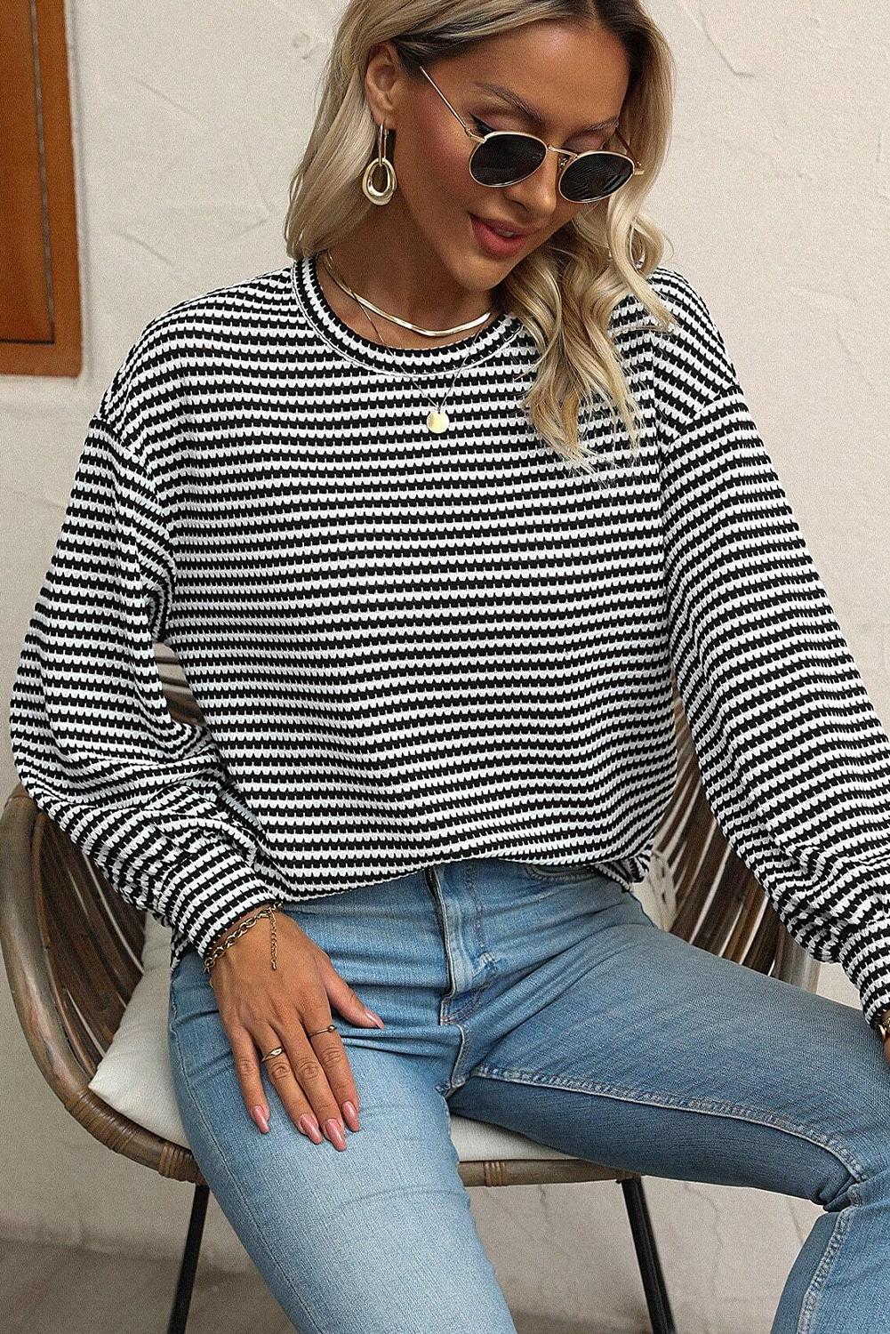 Black Stripe Round Neck Drop Shoulder Long Sleeve Top Long Sleeve Tops JT's Designer Fashion