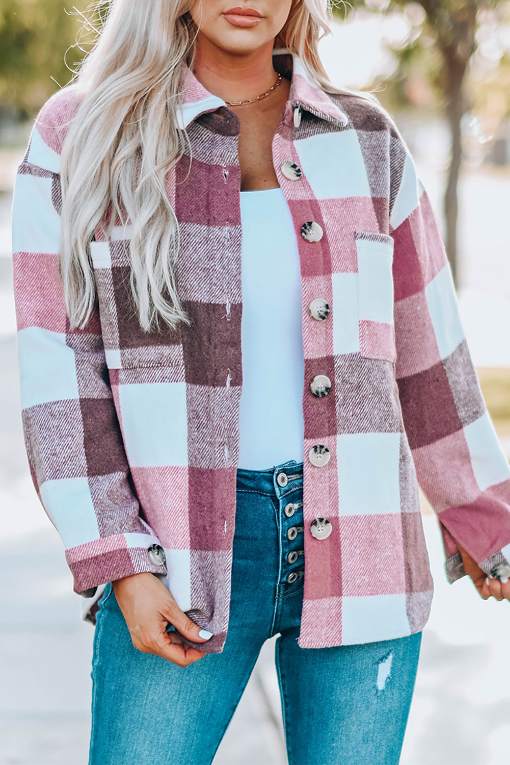 Plaid Color Block Buttoned Long Sleeve Jacket with Pocket Red 95%Polyester+5%Spandex Plaid Shackets JT's Designer Fashion