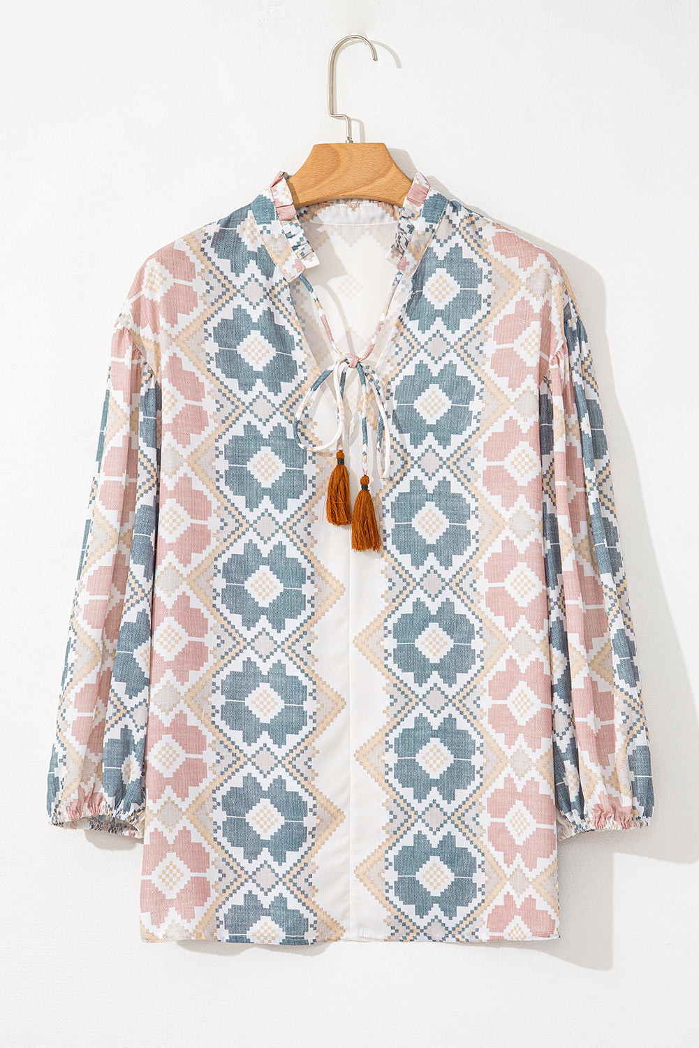 Khaki Geometric Print Tassel Tie Split Neck Balloon Sleeve Blouse Blouses & Shirts JT's Designer Fashion